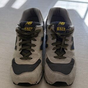 New Balance Men’s 574 Sneakers in Light Gray, Navy and Yellow Accent